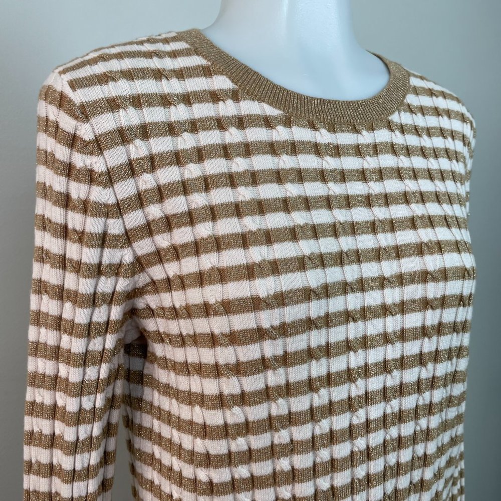 Talbots Sweater MP Medium Petite Metallic Gold Striped Crew Neck Cable Knit - Picture 3 of 13